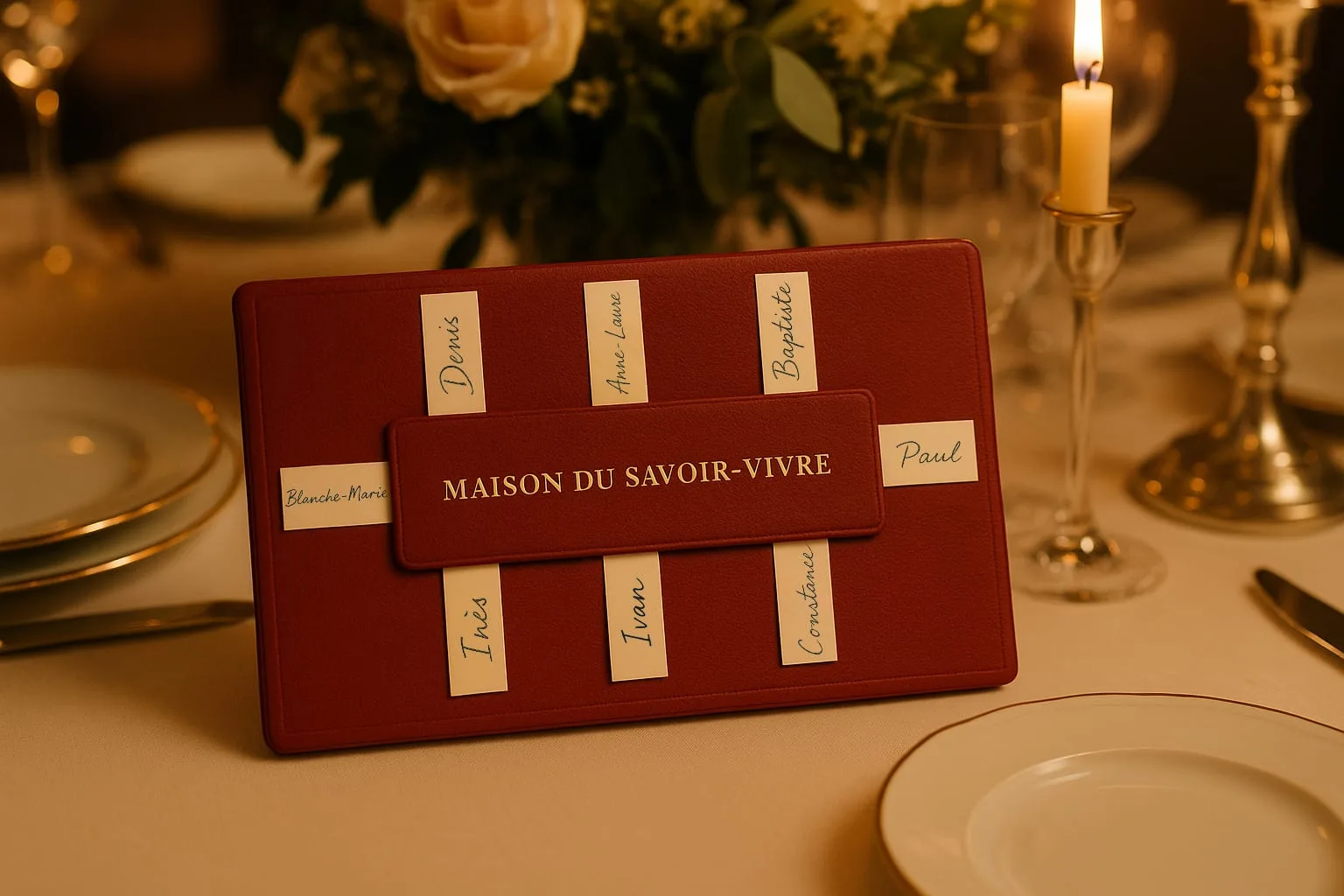 Plan de table à marque-places sur support de feutre rouge