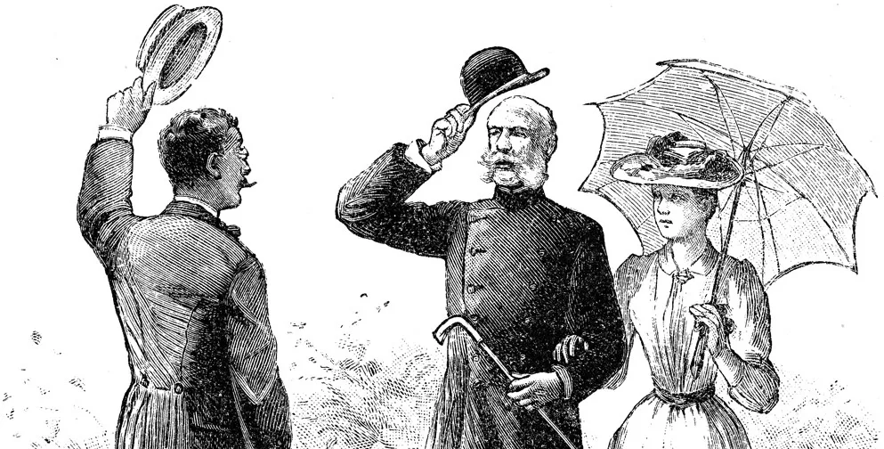 Gravure ancienne : deux messieurs se saluent dans la rue en soulevant leur chapeau