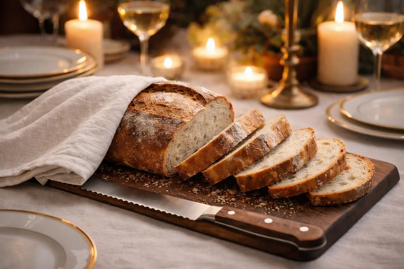 Pain de campagne tranché sur une planche de bois